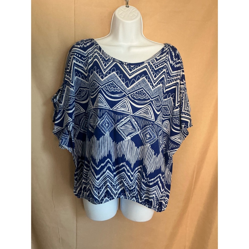 Rouge Collection Cold Shoulder Blouse Women 1X Blue White Tribal Print Excellent